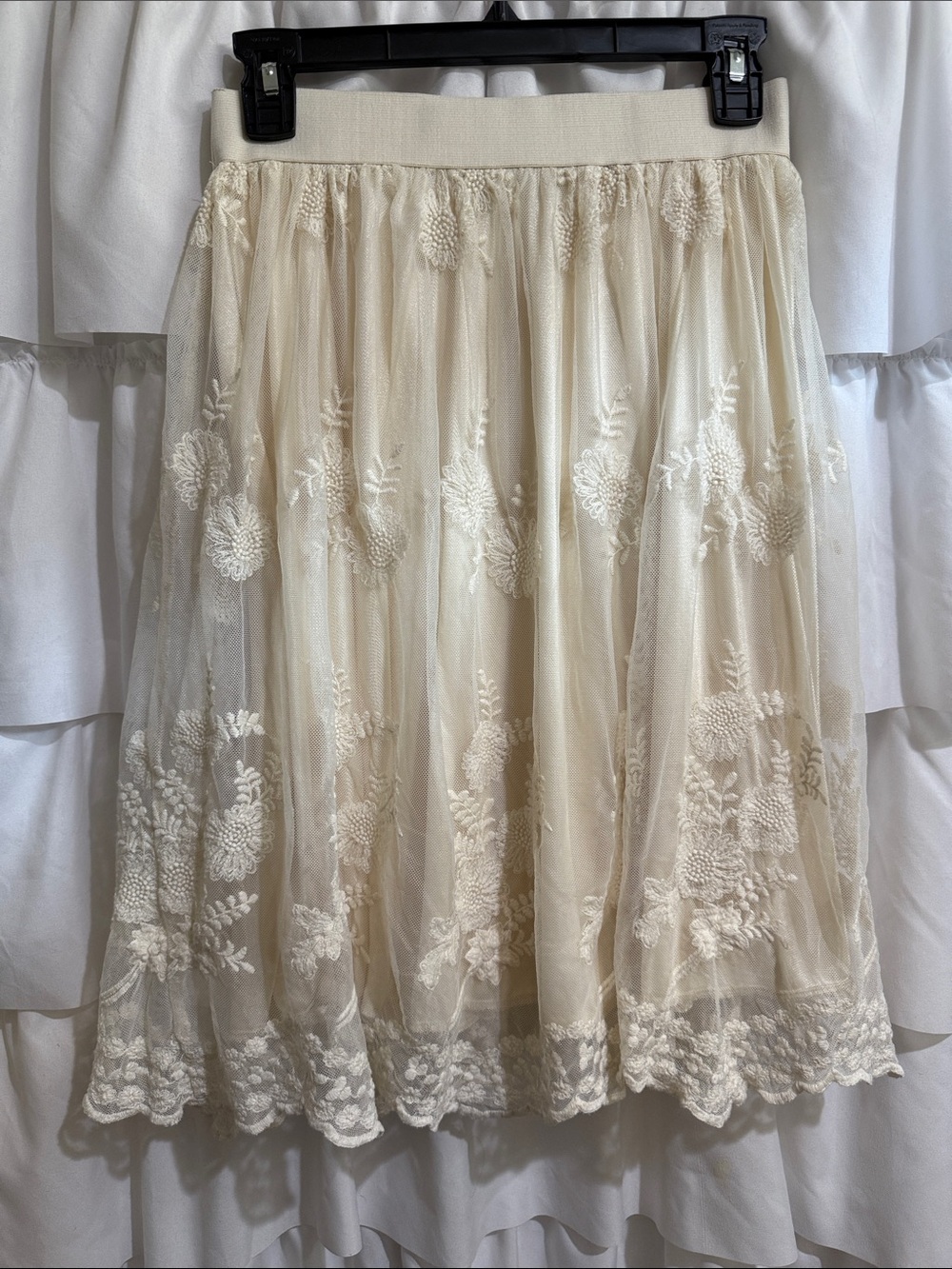 Forever 21 Boho Cream Embroidered Tulle Midi Skirt with delicate flowers